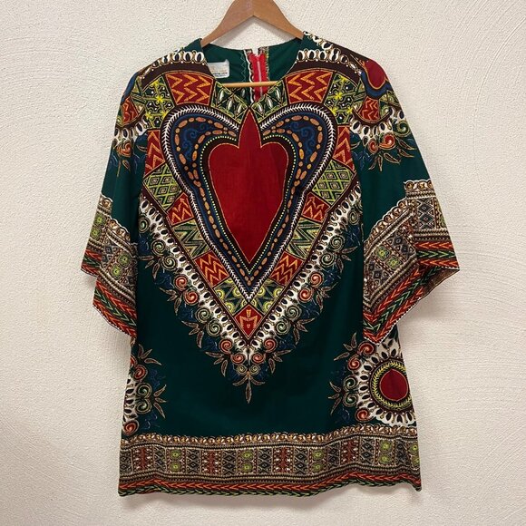 Vtg 70's Vogue Dress Shop Green Dashiki Tunic Top Sz 38 - Picture 1 of 10